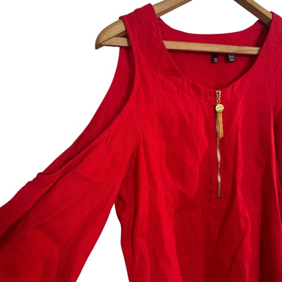 Ellen Tracy womens red Linen cold shoulder short sleeve blouse size Large. - Picture 4 of 8